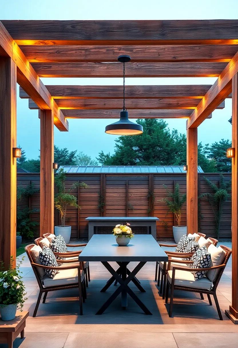 Marvel at a modern pergola⁢ patio ⁣that combines rustic wooden beams with chic outdoor dining furniture, offering a delightful ‌space ⁤for alfresco ‍meals amidst a backdrop of soft, ambient illumination