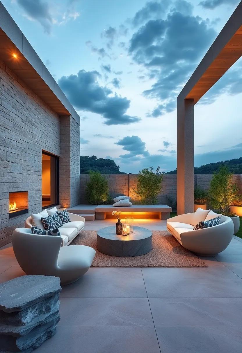 Marvel at‌ a breathtaking outdoor⁢ lounge that beautifully incorporates natural stone, modern sculptural⁤ furniture, and ambient lighting, crafting a ‌luxurious ‌space for relaxation and entertaining under the sky