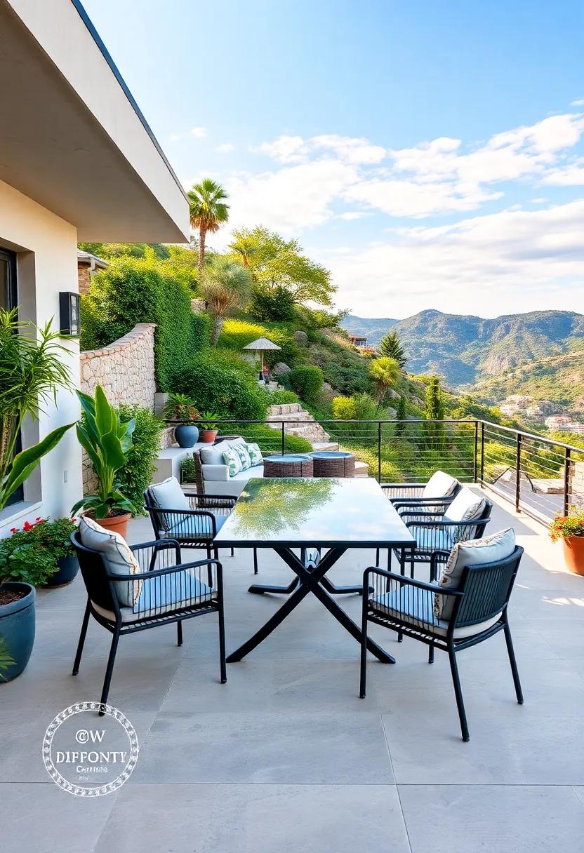 Relish in the sophisticated ‌chic of a hillside patio featuring contemporary dining sets and‍ stunning views, providing a‌ picturesque backdrop for ⁢dinner parties ‍or⁣ casual family meals