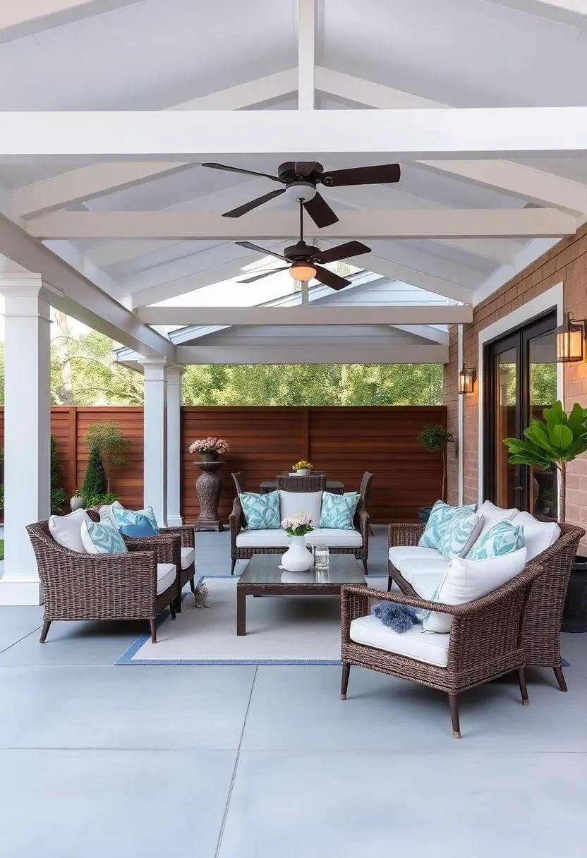 Revel in the charm of a covered outdoor living room that showcases a ⁣blend of plush wicker​ furniture and⁤ chic accents, making it an ideal⁢ retreat for weekend‌ relaxation or entertaining guests