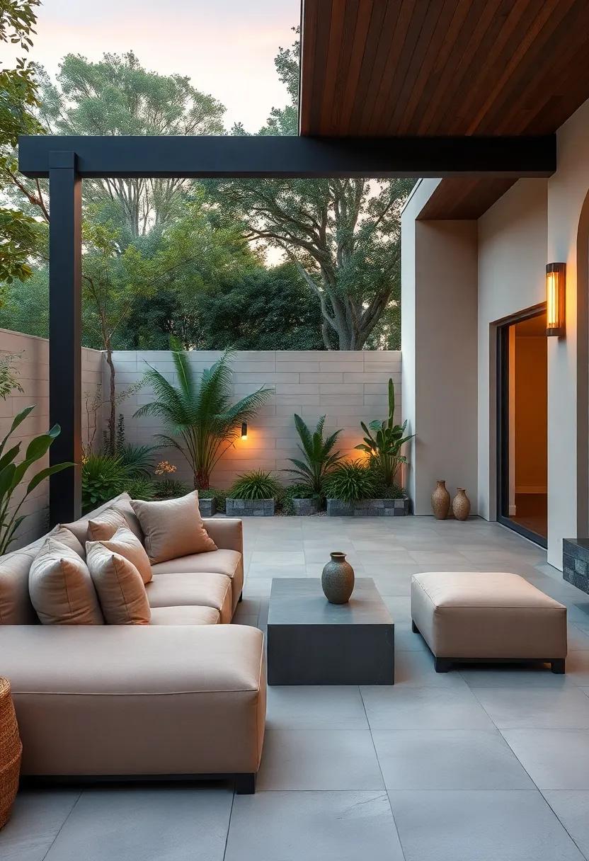 step into a garden oasis characterized by ‌plush sectional sofas in earthy​ tones, surrounded by greenery and ⁣accentuated ⁢by modern lighting fixtures that enhance the ambiance⁣ as dusk falls