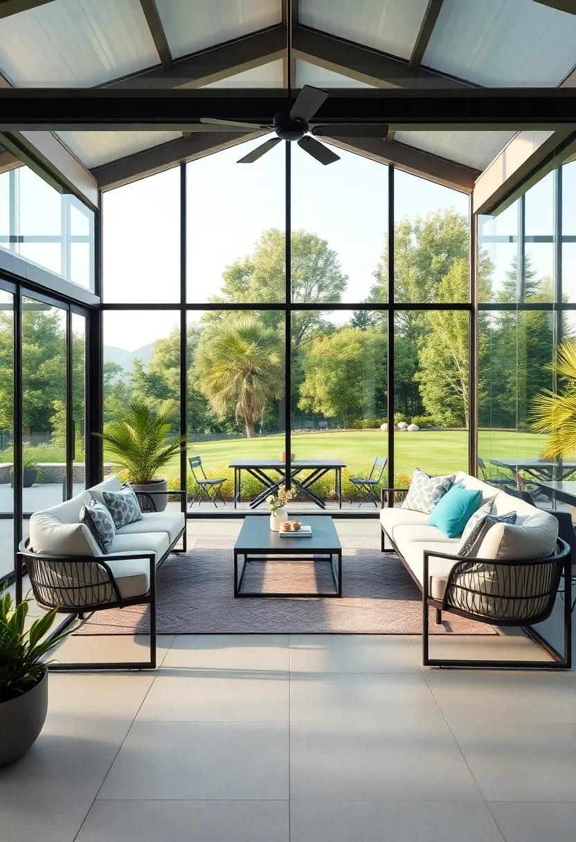 Step into a contemporary⁢ patio with floor-to-ceiling glass ⁣walls, showcasing striking outdoor furnishings and an unobstructed view of the surrounding landscape for a truly ‍immersive experience