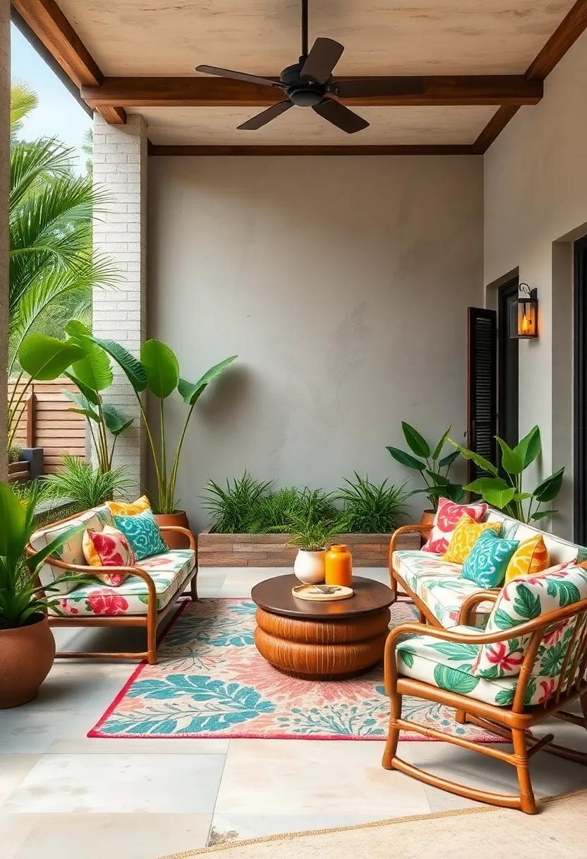 Choose ⁣colorful,patterned ⁣outdoor cushions​ and‌ rugs that⁢ reflect tropical motifs and‌ brighten‍ up​ seating⁢ areas