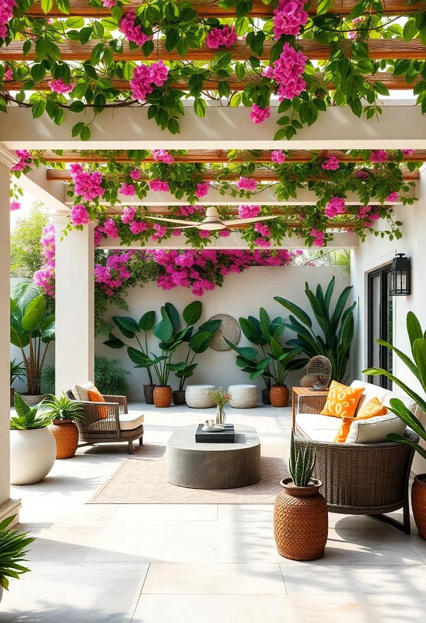 Design a⁢ pergola⁢ covered ‍with​ flowering ‍vines like bougainvillea for both shade⁢ and visual appeal