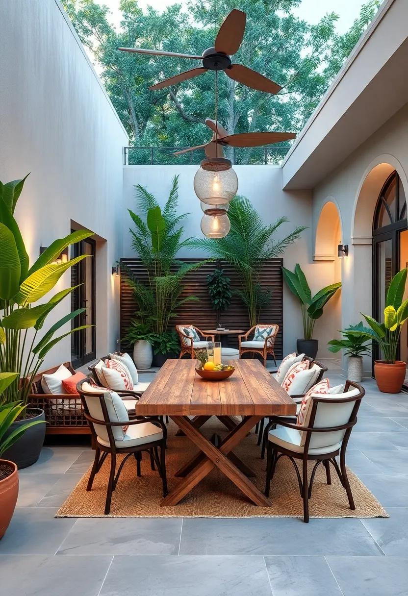 Set up an outdoor dining⁤ area with a ⁢sturdy wooden table and comfortable⁢ chairs for alfresco meals