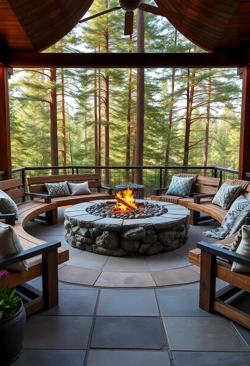 Cozy Rustic Retreat: A circular‍ stone fire‍ pit surrounded by weathered wooden benches,​ nestled amid tall pine trees for a natural, lodge-inspired vibe