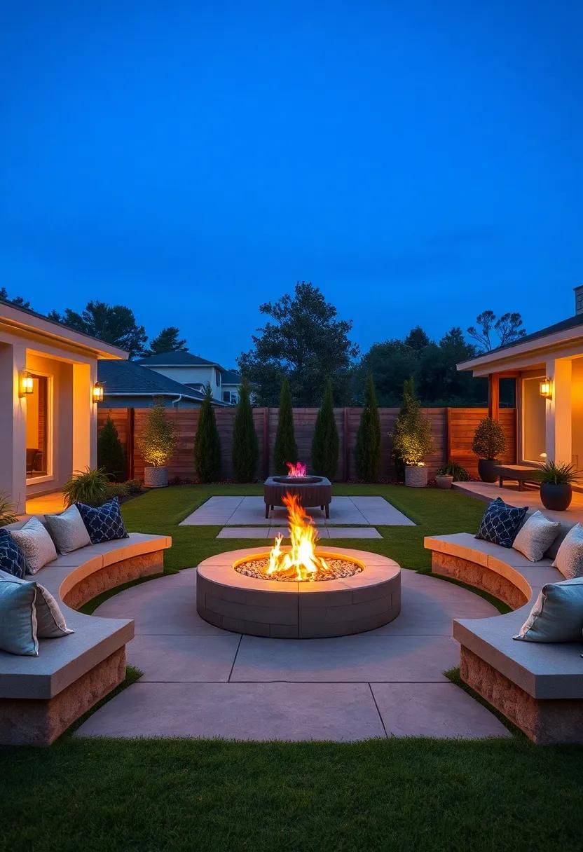 Expansive Lawn Gathering:‍ A large, freestanding fire pit with curved stone benches set in an open grass area, ideal for group gatherings under ⁢the stars