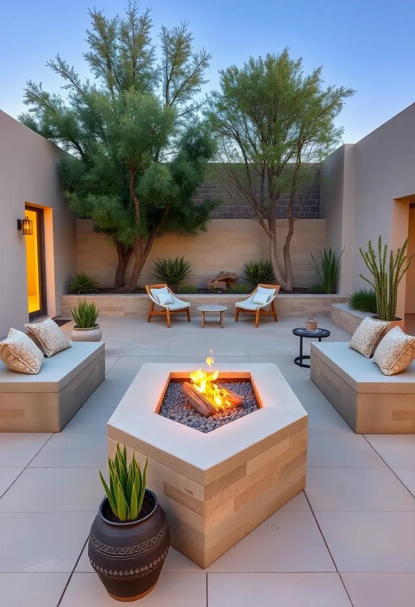 Desert Modern​ Retreat: Angular concrete fire ‌pit ‍with integrated seating walls,accented by‌ native desert‍ plants and minimalist decor to embrace‌ arid beauty