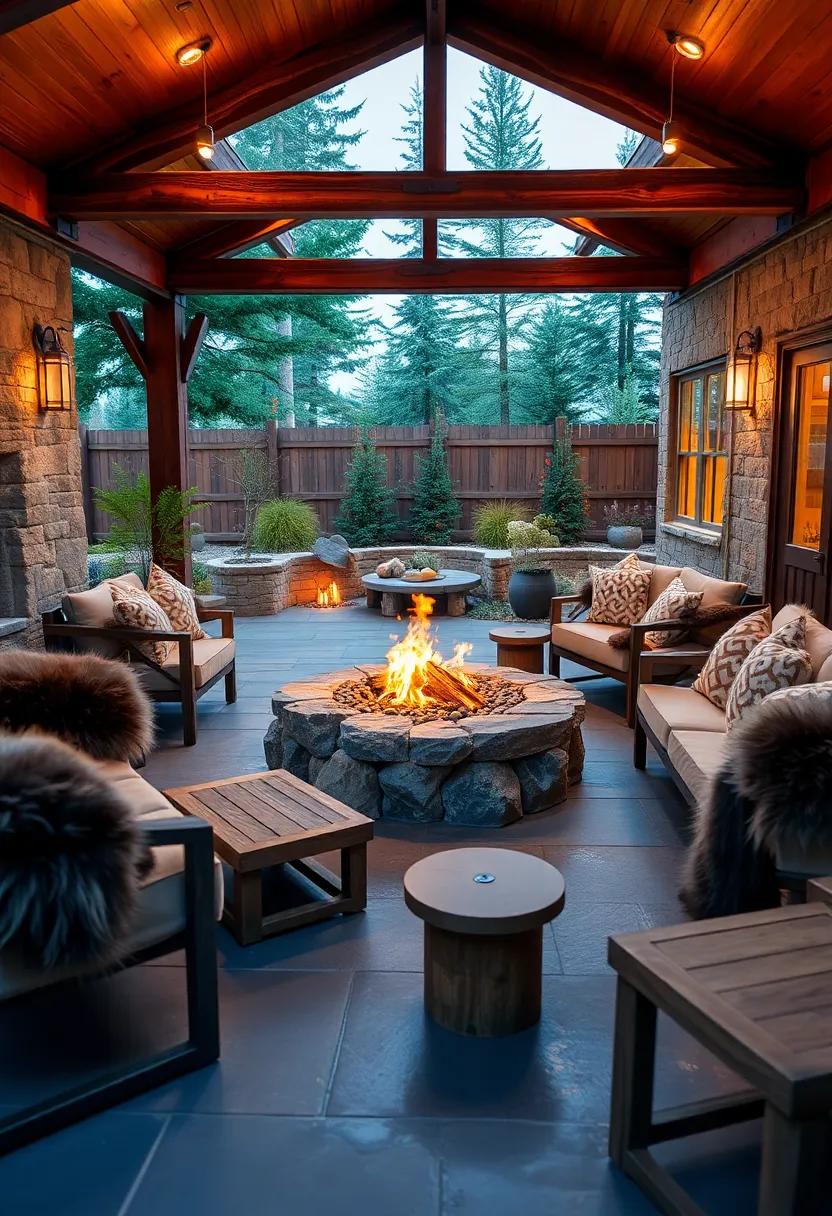 Alpine Lodge Warmth:⁢ A volcanic rock fire⁢ pit nestled in ​a‌ slate patio, paired with cozy​ fur-covered seating and rugged wooden coffee tables