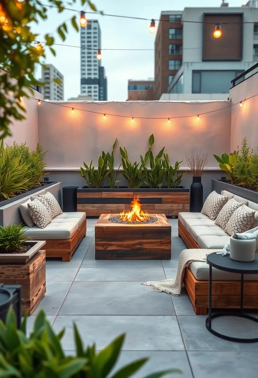 Urban ‍Rooftop Oasis: Compact fire pit with built-in ⁢seating ‌made from reclaimed‌ wood,surrounded ​by⁣ lush planters and string lights for a cozy city escape