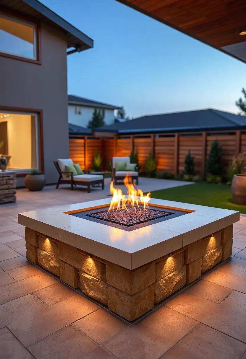 Contemporary Glass ‍and Stone: A rectangular⁤ fire pit encased in ‌tempered glass, surrounded‍ by modular stone blocks with‌ integrated lighting for a sleek effect