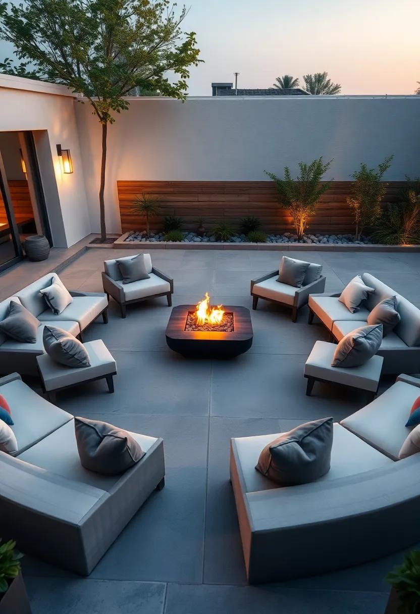 Modern ⁢Minimalist Circle: Sleek concrete seating arranged around a‍ geometric fire pit, accented with soft cushions and low-profile ‌lighting⁣ for a ⁣clean, contemporary look