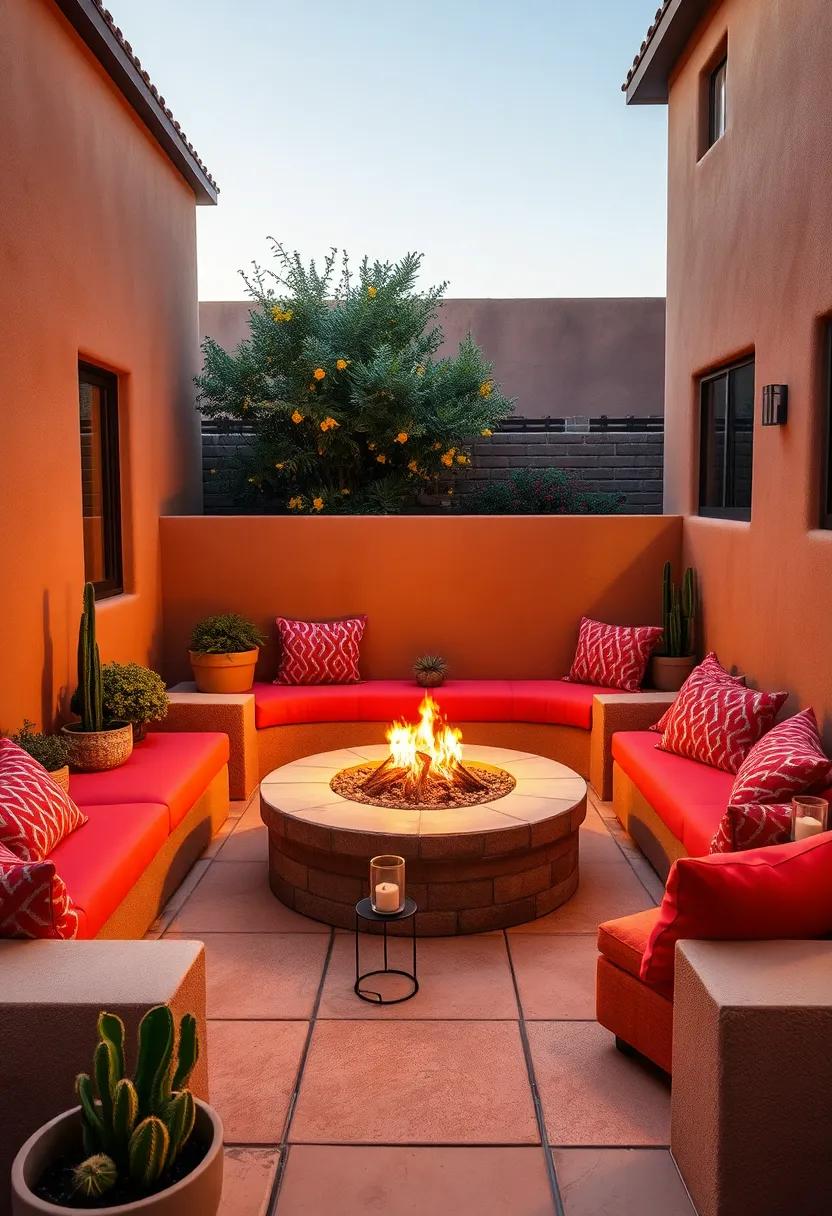Southwestern⁢ Vibe: Adobe-style seating walls enclosing a round, stucco fire⁣ pit, enhanced with bright textiles and desert plants like succulents and cacti
