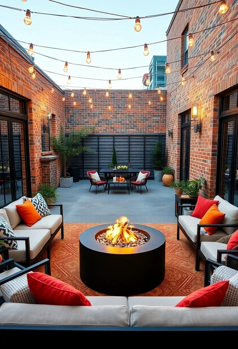 industrial Chic Lounge: Metal ⁤and concrete furnishings ‌paired with a blackened steel fire pit, accented ⁣by exposed brick walls and Edison bulbs for ⁤an edgy feel