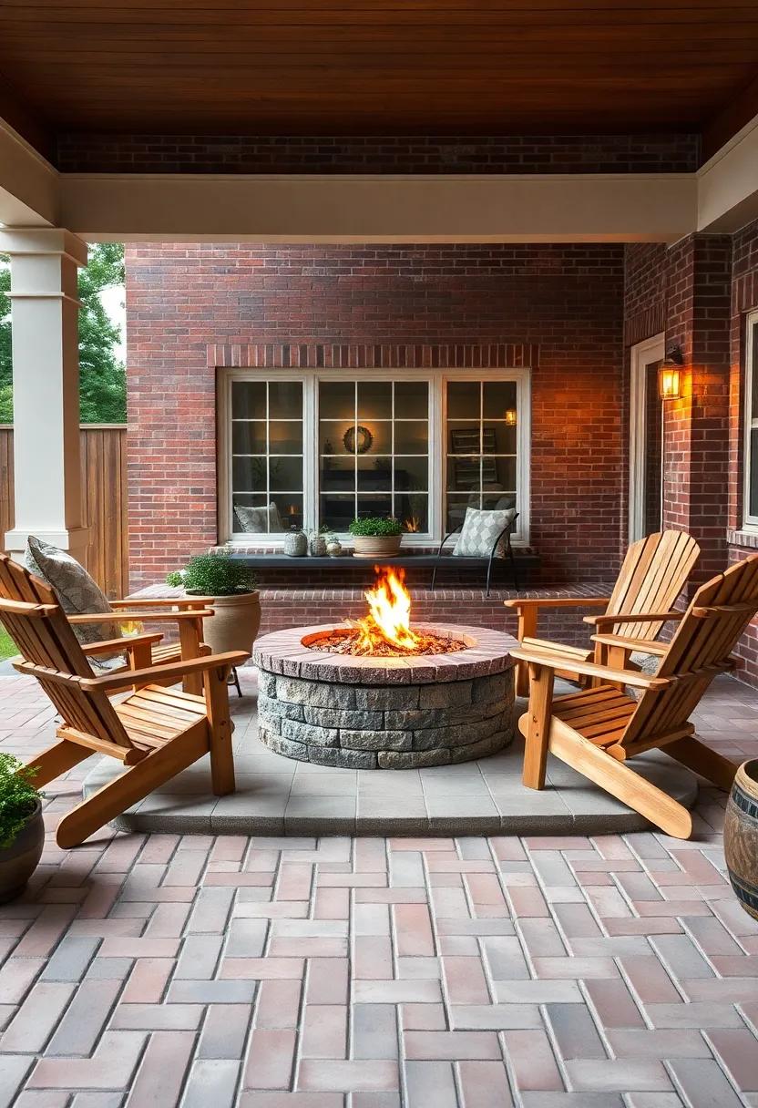 Classic ⁢Brick patio: A traditional brick fire pit​ complemented by ⁤matching brick flooring and wooden‌ Adirondack chairs for timeless outdoor ‌comfort