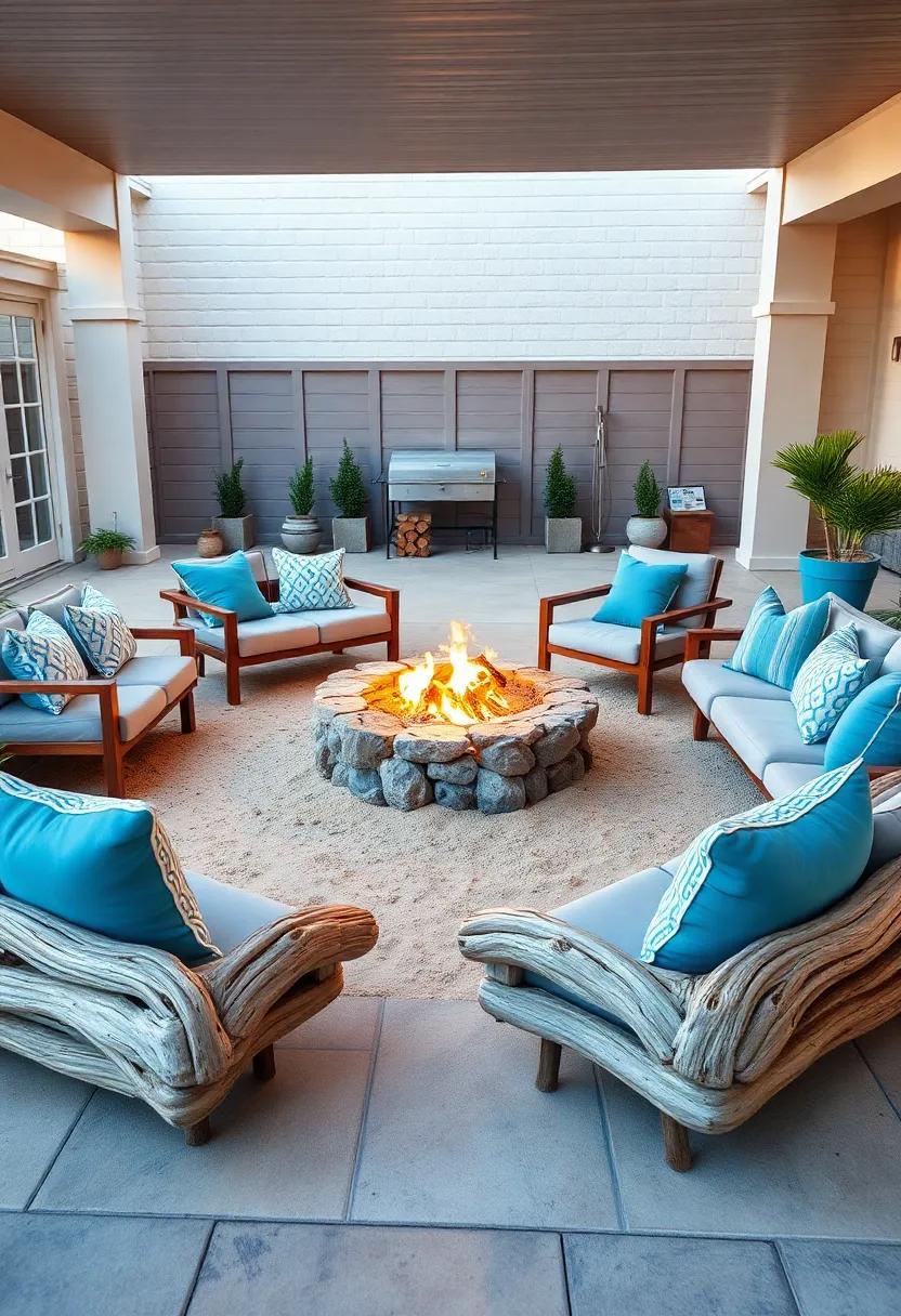Coastal Breeze ​setup: Driftwood benches surrounding ⁤a sandy, stone-lined fire pit, dotted with nautically inspired decor and soft blue cushions