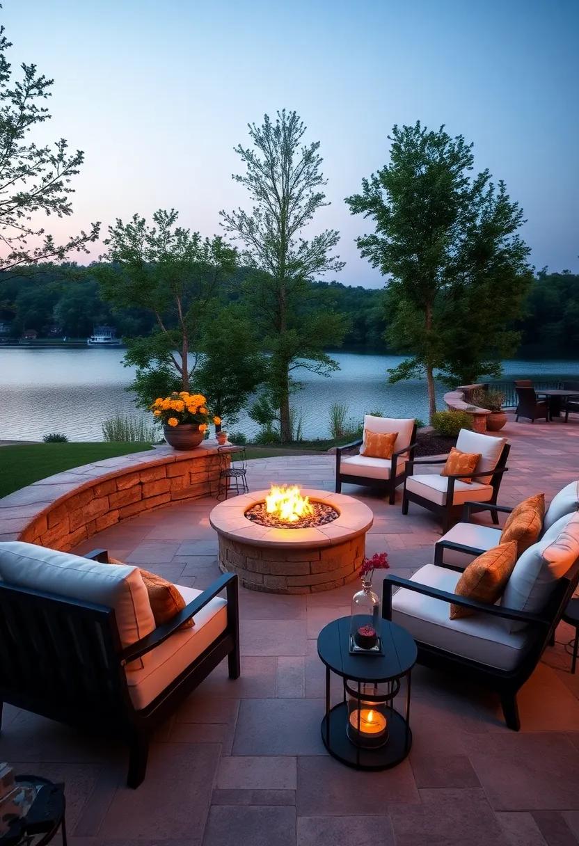 Waterfront Elegance:⁢ A fire pit built into a stone deck overlooking a tranquil lake,complemented by plush lounge chairs and subtle ambient lighting