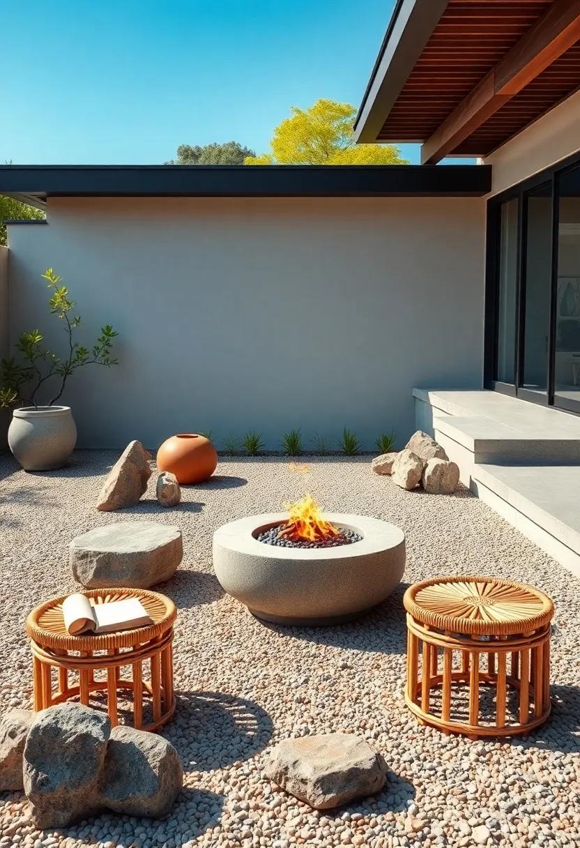 Minimalist Zen Garden: Gravel flooring with a simple, ⁣low-profile fire pit, surrounded⁢ by bamboo stools and sculptural rock elements to ⁣inspire calm