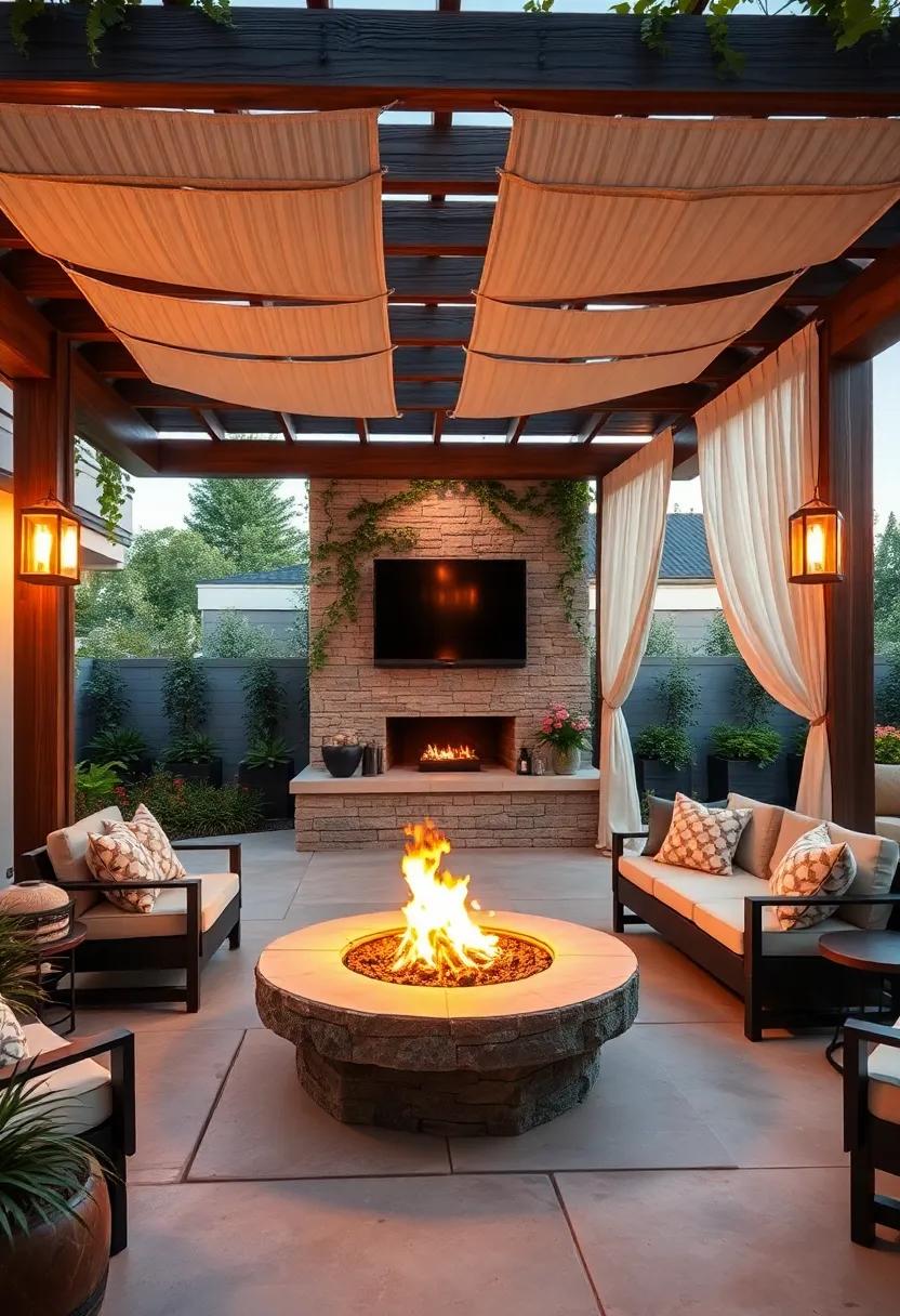 Elegant Pergola ​Setting: ⁣A⁢ built-in fire⁢ pit beneath a wooden pergola, adorned with climbing vines and soft ⁤sheer curtains for ⁢an ‍intimate retreat