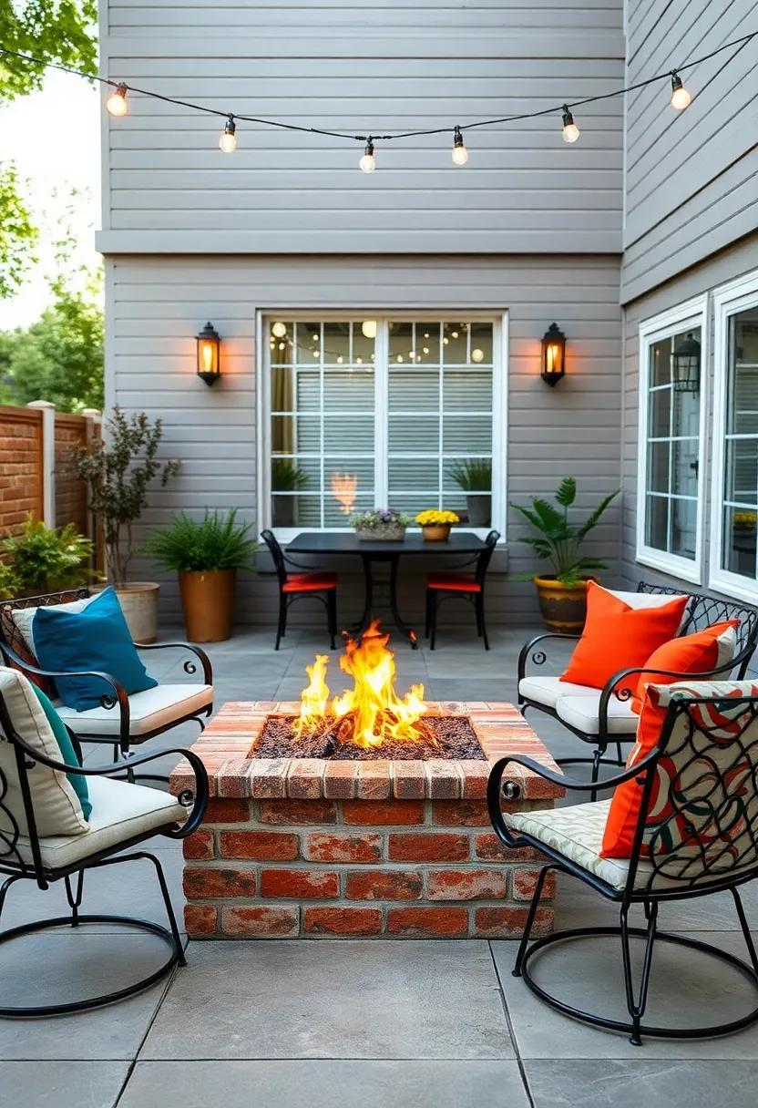 Eclectic Vintage mix: Reclaimed brick fire pit⁣ paired‍ with​ retro ⁤metal chairs and colorful throw pillows for a unique, nostalgic ambiance