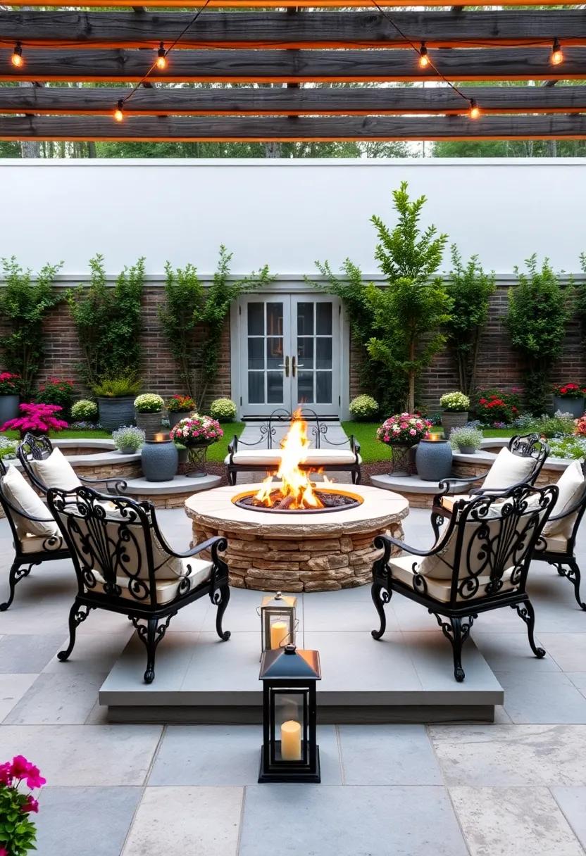 Victorian Garden Party: ‌Ornate wrought iron chairs ⁤encircle⁣ a stone‍ fire pit, surrounded by manicured⁣ flower beds ‍and vintage lanterns for refined charm