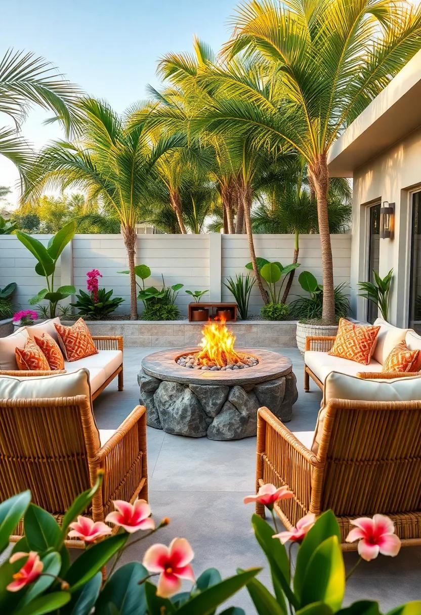 Tropical Paradise‌ Fire Lounge: Bamboo furniture arranged around a lava‍ rock⁣ fire pit, set⁤ amidst ‍palm trees and hibiscus ⁣plants for island-inspired tranquility