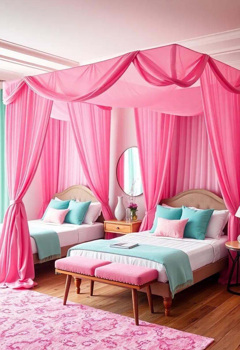 Elegant Canopy Beds Draped in Sheer Pink Fabrics with Mint Throw Pillows for a Dreamy Effect