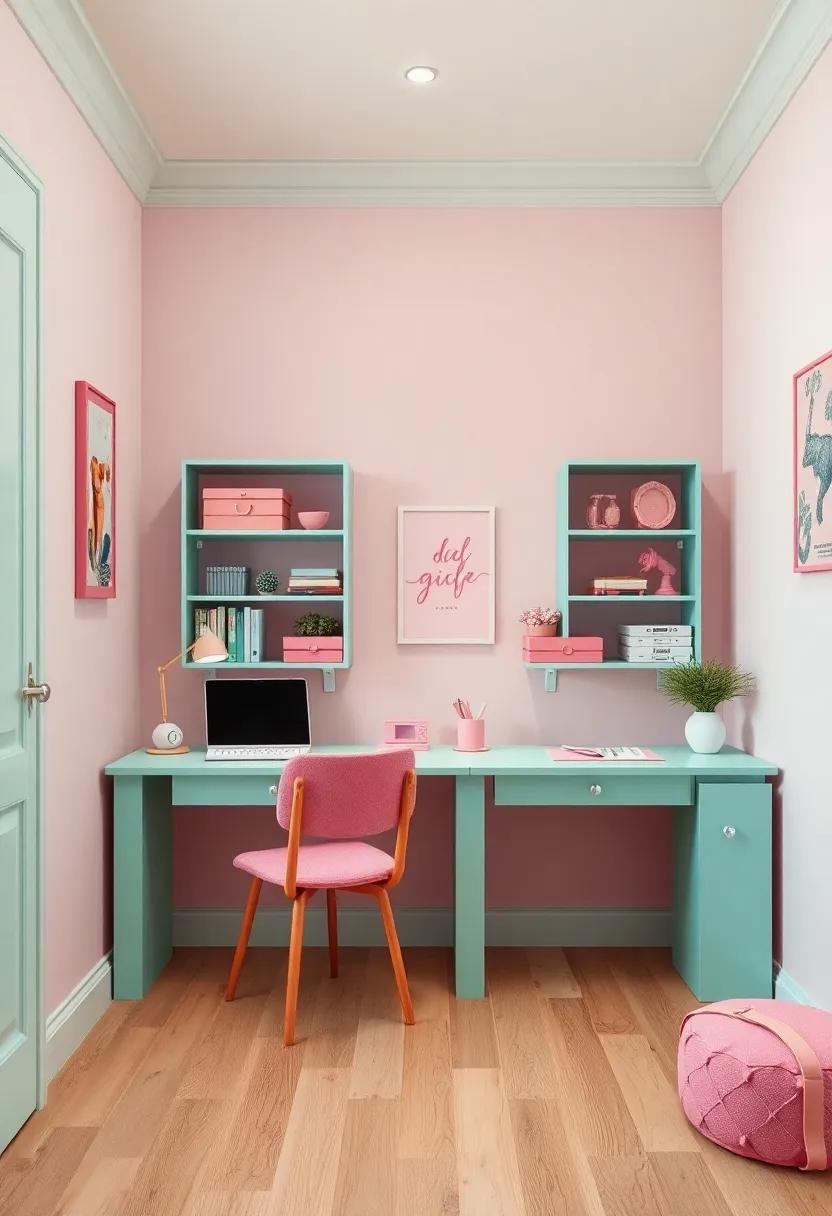 Mint Green Desks Paired with Pink Desk accessories Creating a Functional and Stylish Study Corner