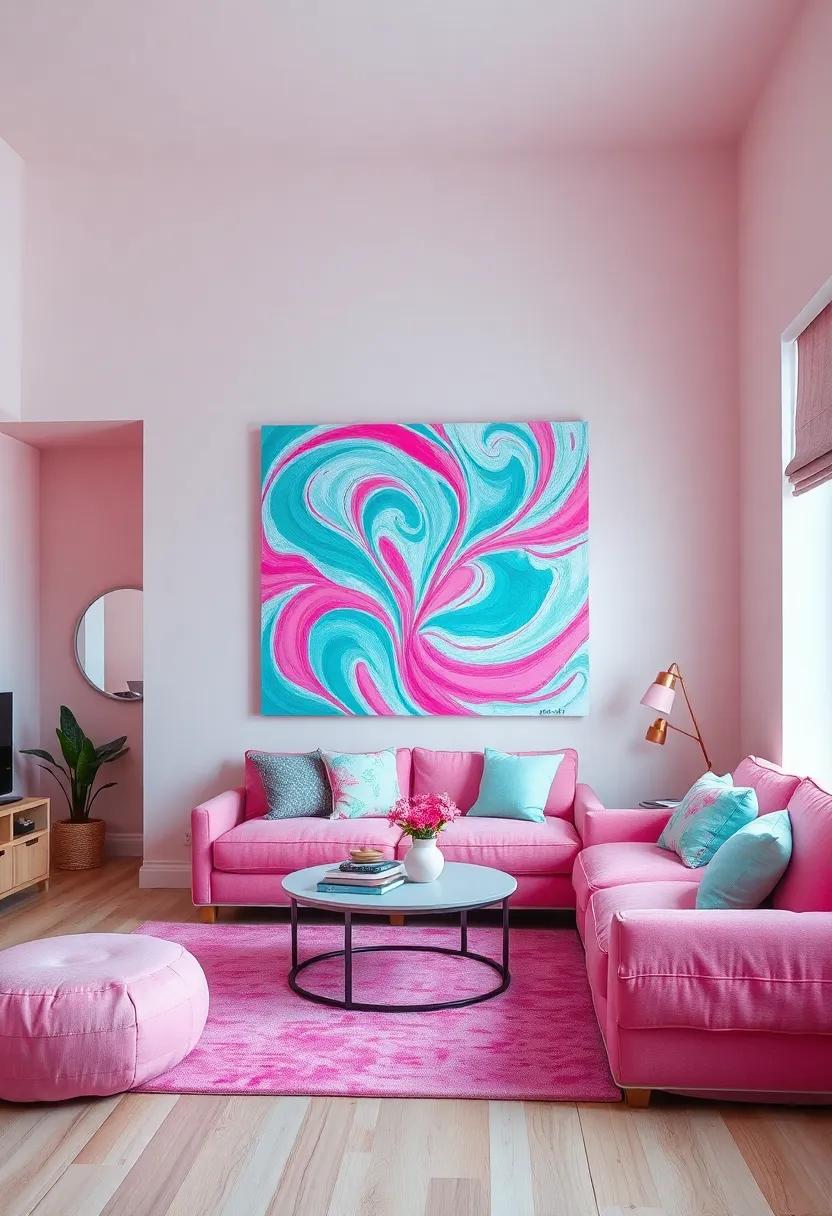 Vibrant Abstract Art Featuring Pink and Mint Swirls to Inject energy and Creativity Into the Space