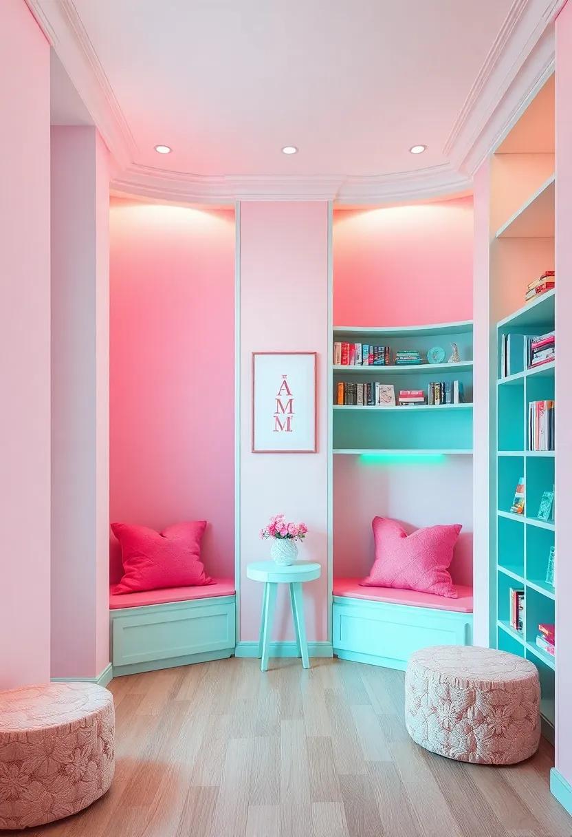 Cozy Reading Nooks with Pink Cushions and Mint Bookshelves to Inspire Quiet Moments and Imagination