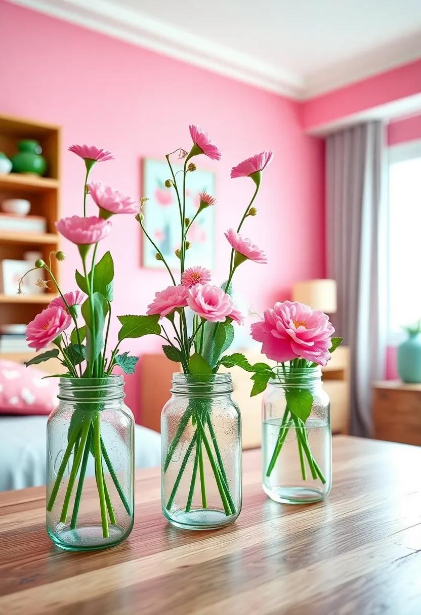 Decorative Mason Jar Vases Filled With Pink and Mint Fresh Flowers to Bring Life and Freshness