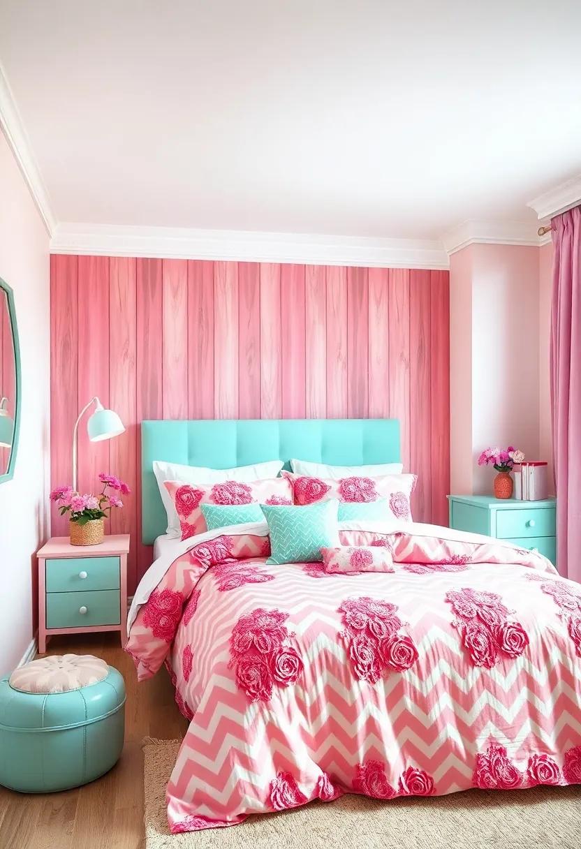 Color Coordinated Bedding Sets Mixing Pink Rosettes and Mint Chevron Patterns for Perfect harmony