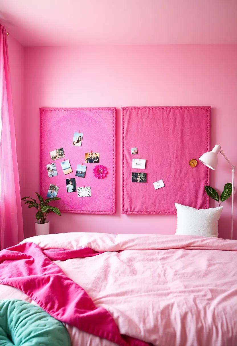 Youthful Bulletin Boards Covered in Pink and Mint Fabrics to organize and Display Memories Creatively