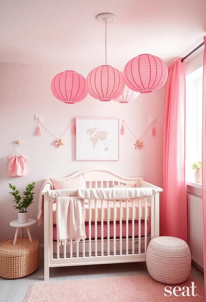 Delicate Pink and White Paper Lanterns Hanging Above the Changing Table