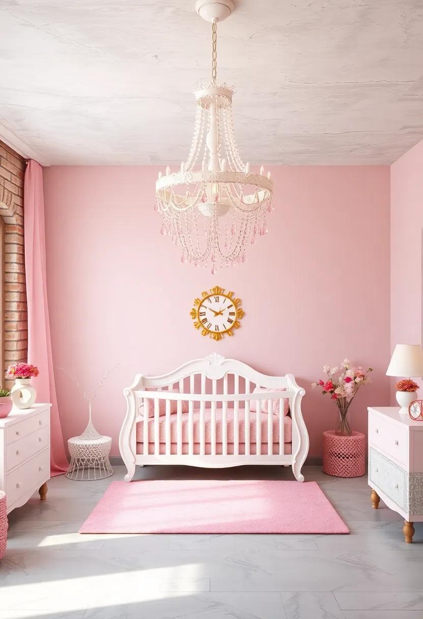 Elegant White Chandelier with Pink Crystal Droplets Lighting the Room