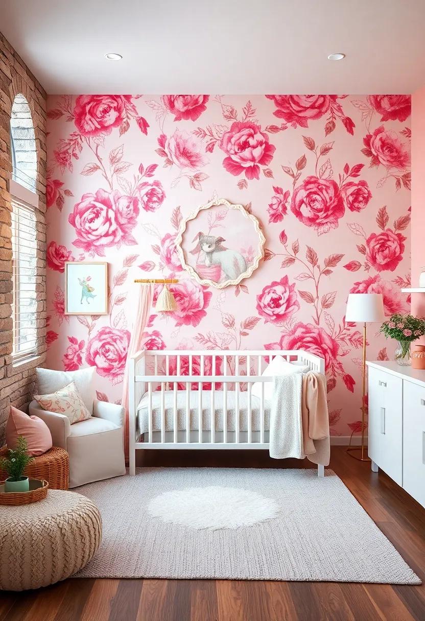 Floral Pink and White Wallpaper Accent Wall to Add Subtle elegance