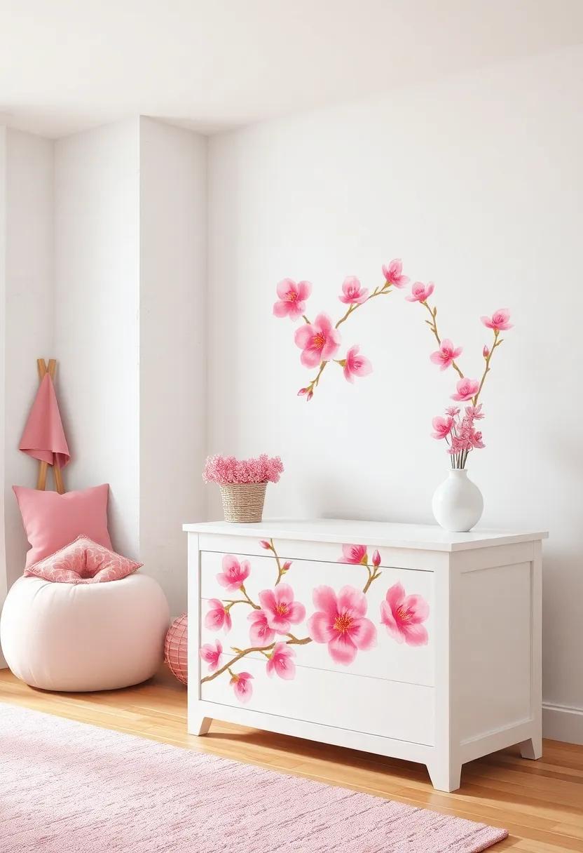 Hand-Painted Pink Blossoms on a White Wooden Toy Chest