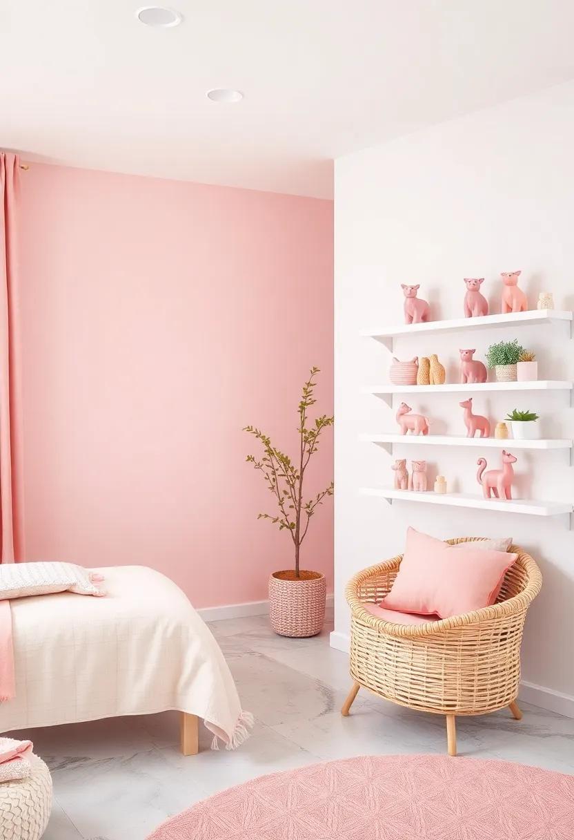 Minimalist White Shelves Displaying Pink Ceramic Animal Figurines