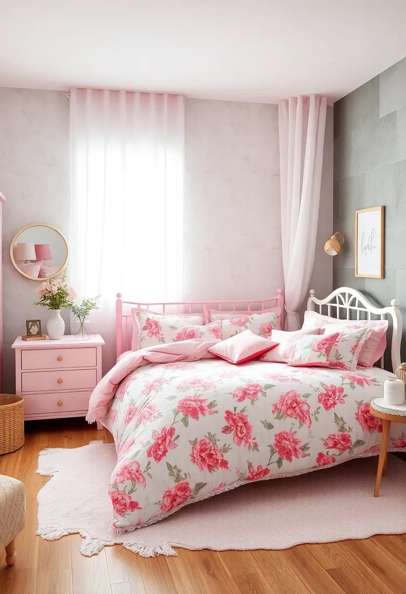 Pink Floral Bedding Set with White Lacy trim for Sweet Dreams