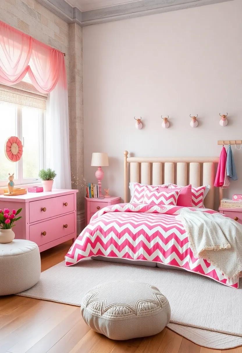 Pink and White Chevron Print Bedding with Coordinated Wall Hooks