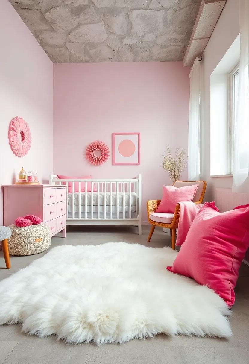 Plush White Sheepskin Rug with Pink accent Pillows Nearby
