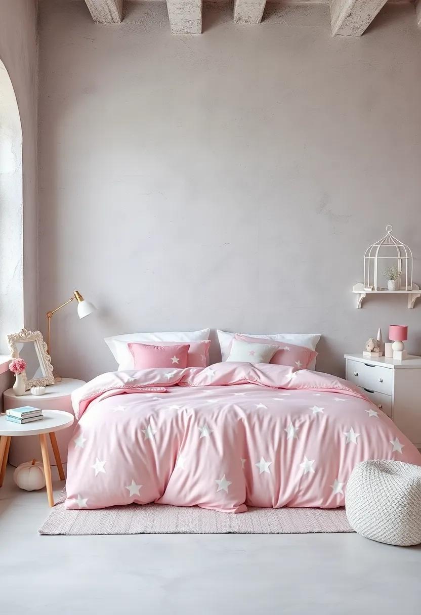 Soft Pink Duvet with White Star Patterns for a Magical Nighttime Vibe