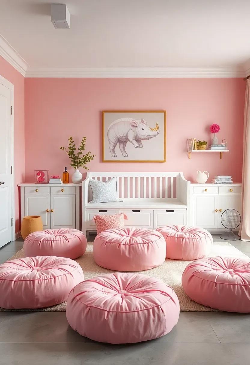 Soft Pink Poufs Arranged in Front of a White Toy Storage Bench