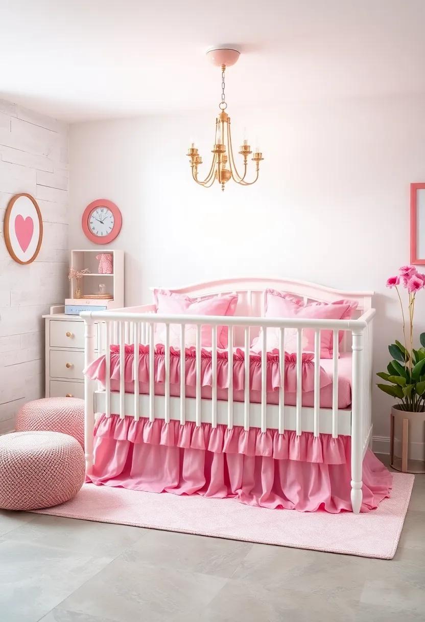 White Crib with Pink Ruffled Bedding and Plush Pillows