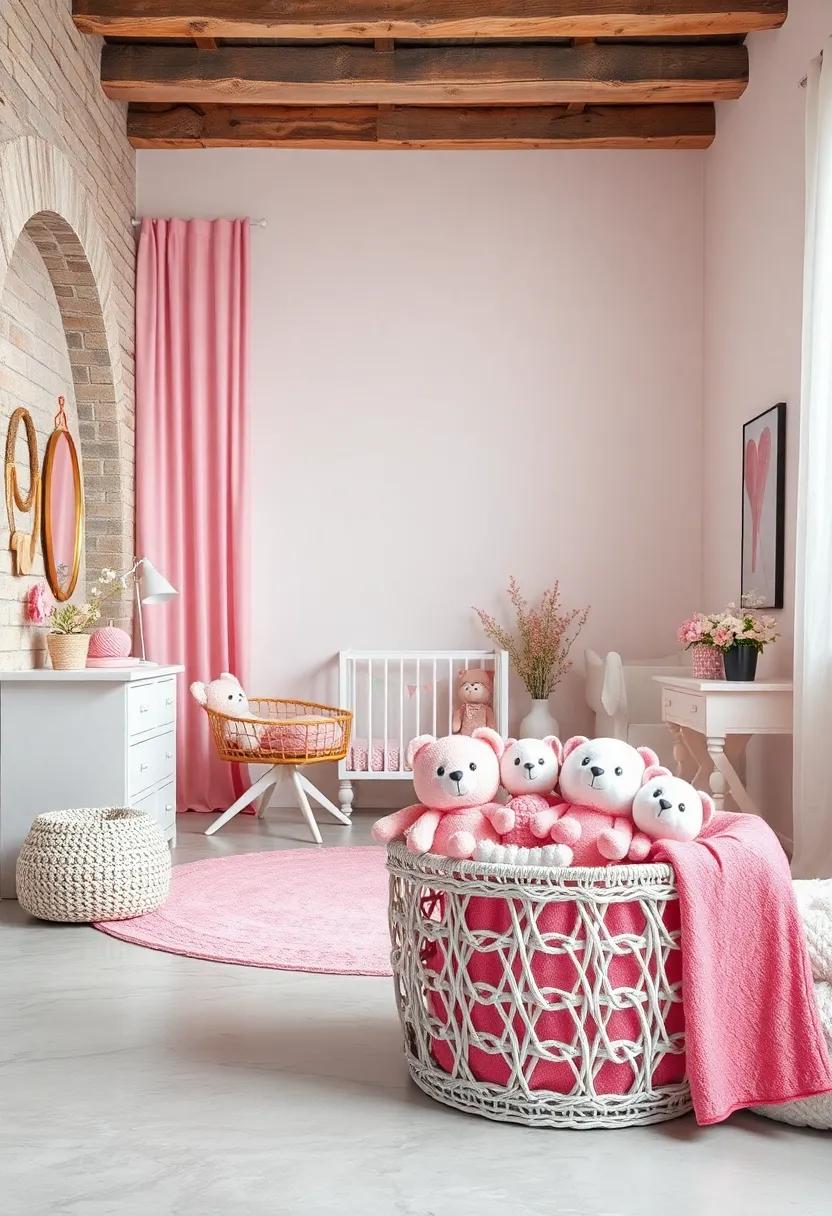 White Basket of Pink and White Stuffed Animals for Easy Access
