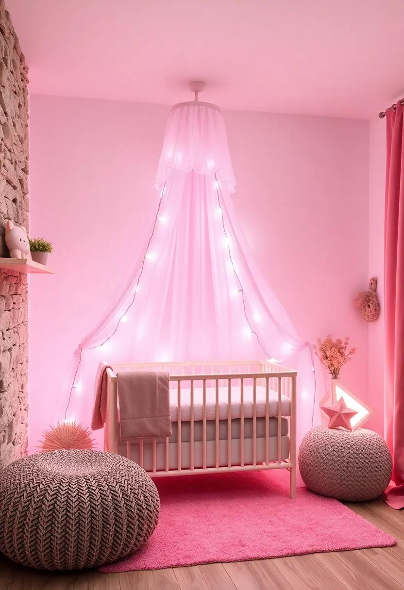 White Canopy Draped Over the Crib with Soft Pink Lights