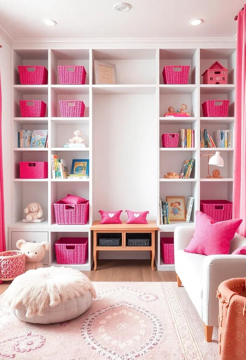 White Bookshelves Filled with Pink Toy Baskets and Storybooks