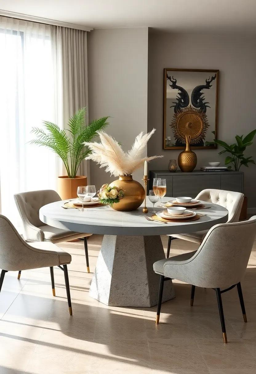 Vintage Glam‍ Round Tables Featuring Brass Elements, Feather Accents, And Antique Porcelain Pieces