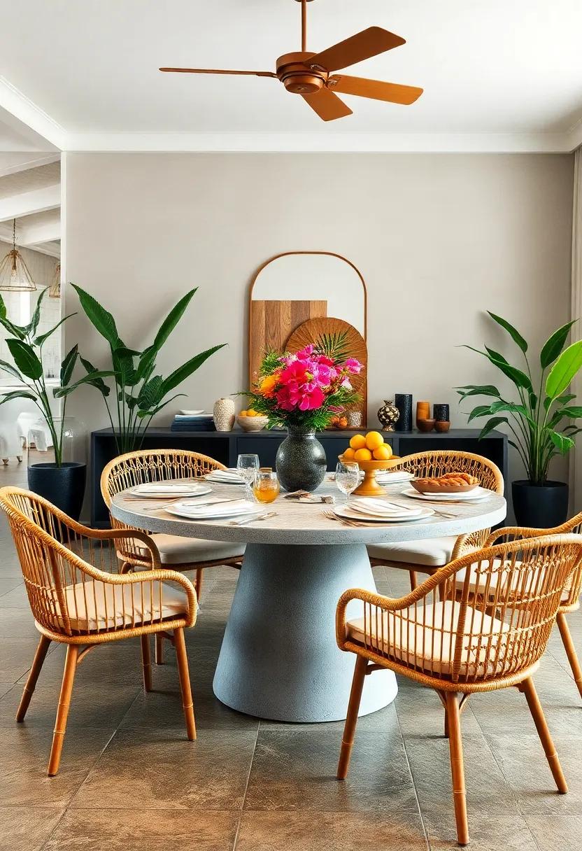 Tropical Round⁤ Tables Inviting Lush Greenery, Rattan Chairs, And Bold Fruit Bowls for Vibrant Appeal