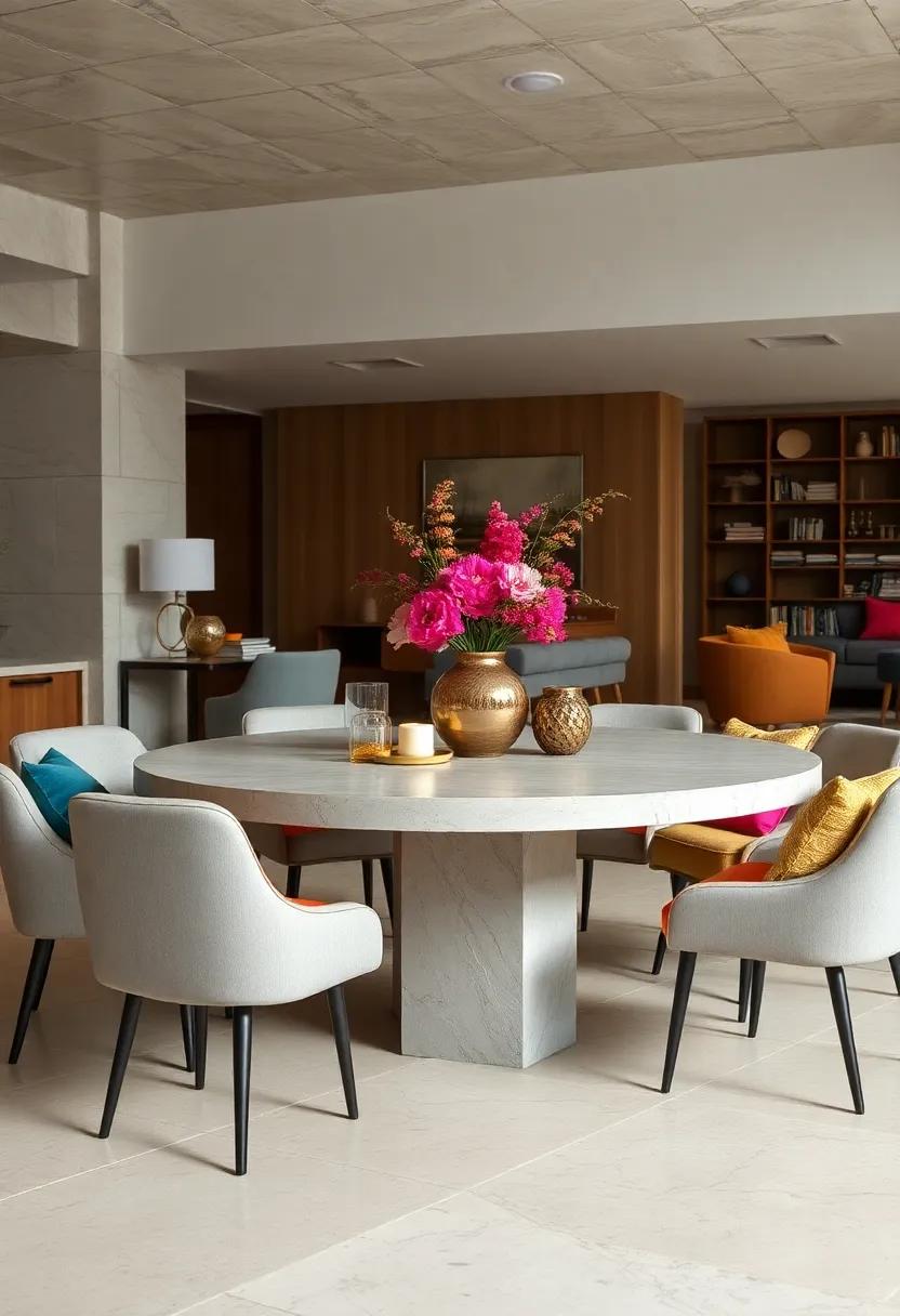 Casual Contemporary Round Tables Enhanced ⁤By Bold Abstract Centerpieces And Vibrant Cushioned Seating